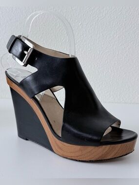 Michael Kors Black Leather Wedge Sandals Wood Platform Heel Buckle Ankle Strap 9